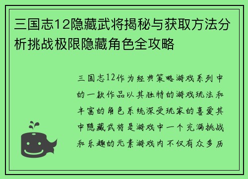 三国志12隐藏武将揭秘与获取方法分析挑战极限隐藏角色全攻略